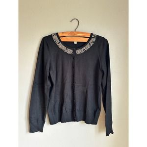 Carolyn‎ Taylor Womens Sweater Cardigan Beaded Long Sleeves Snap Front Black M